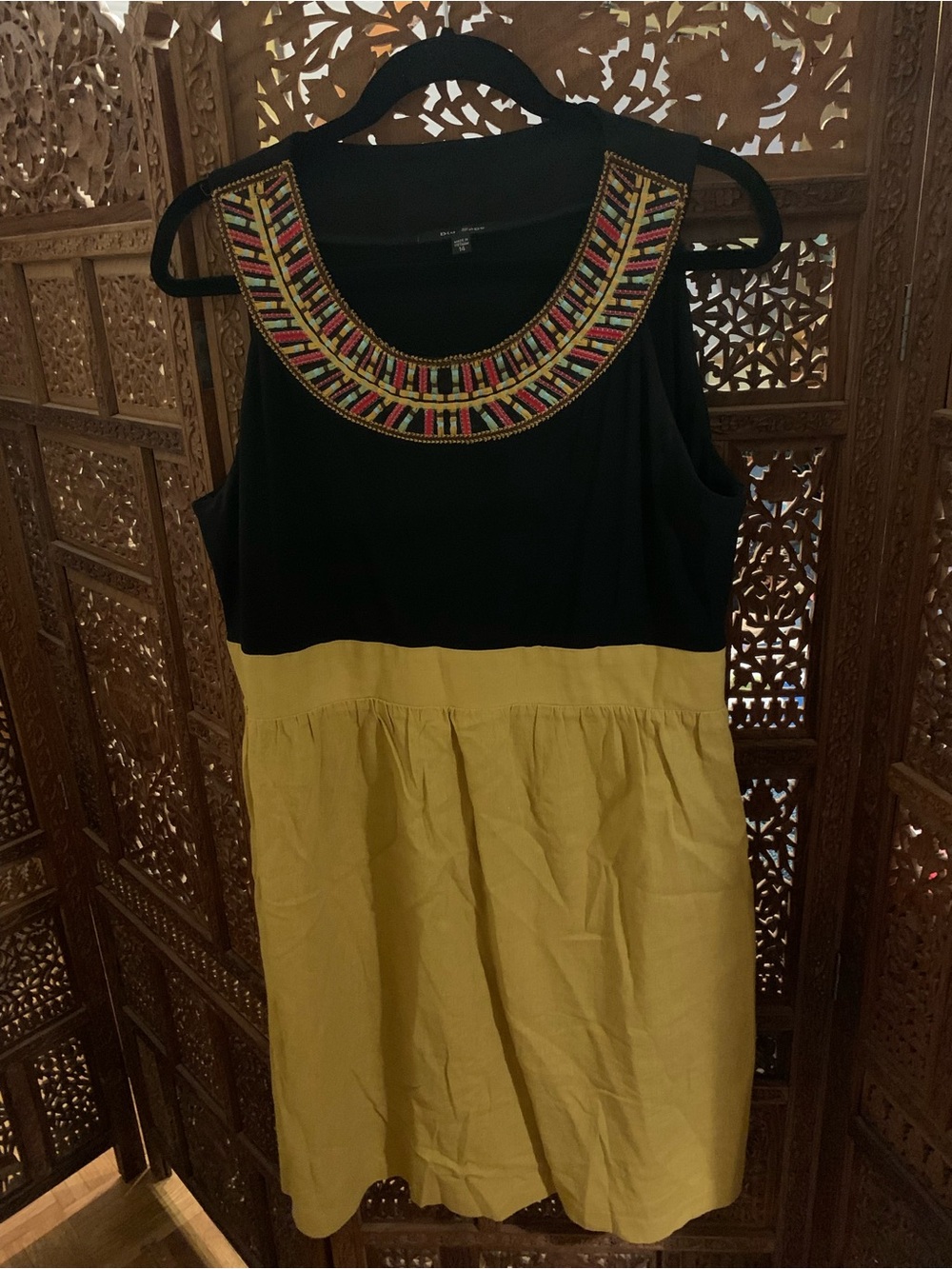 Blu Sage Black Bodice Yellow Skirt Mini Dress with Beaded Collar